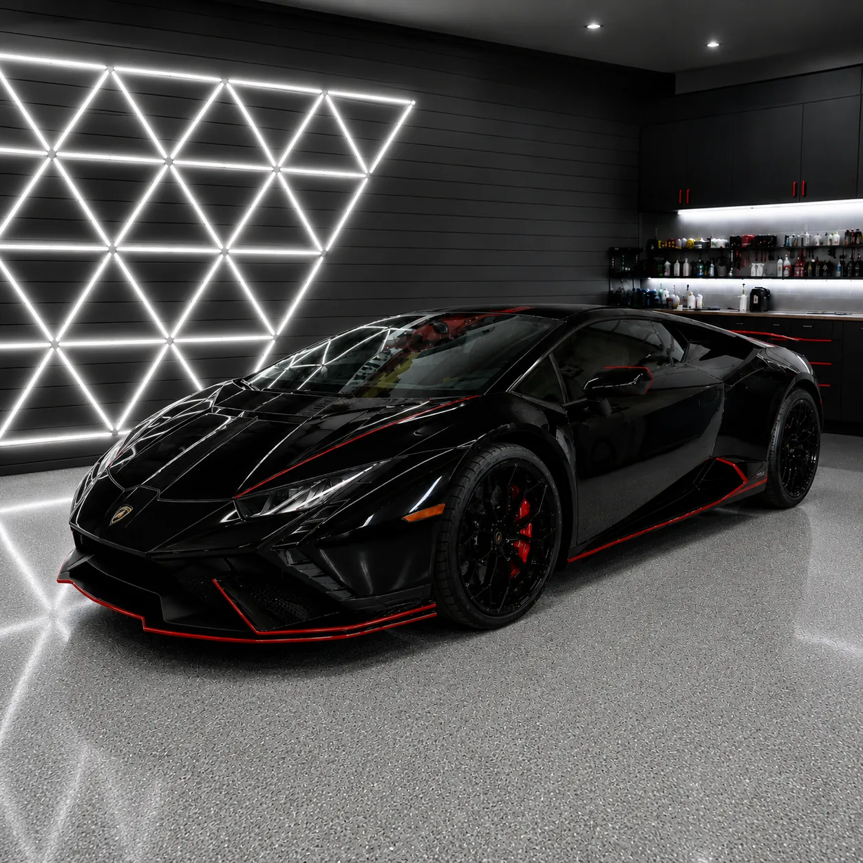 Lamborghini with a partial vinyl wrap and chrome delete