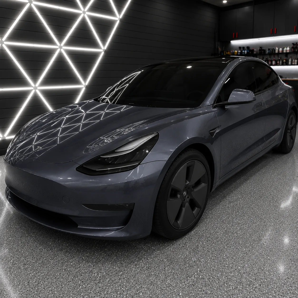 Tesla with luxury ceramic window tint at the Yuba City studio
